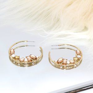 Nine West Brown and Clear Faux Rhinestone Gold-tone Open Hoop Earrings